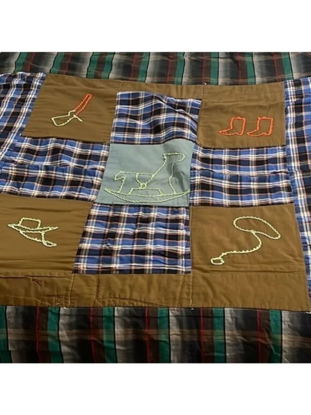 Homemade Plaid Squares Western‎ Corduroy Squares Vintage Quilt 25 In x 54 In